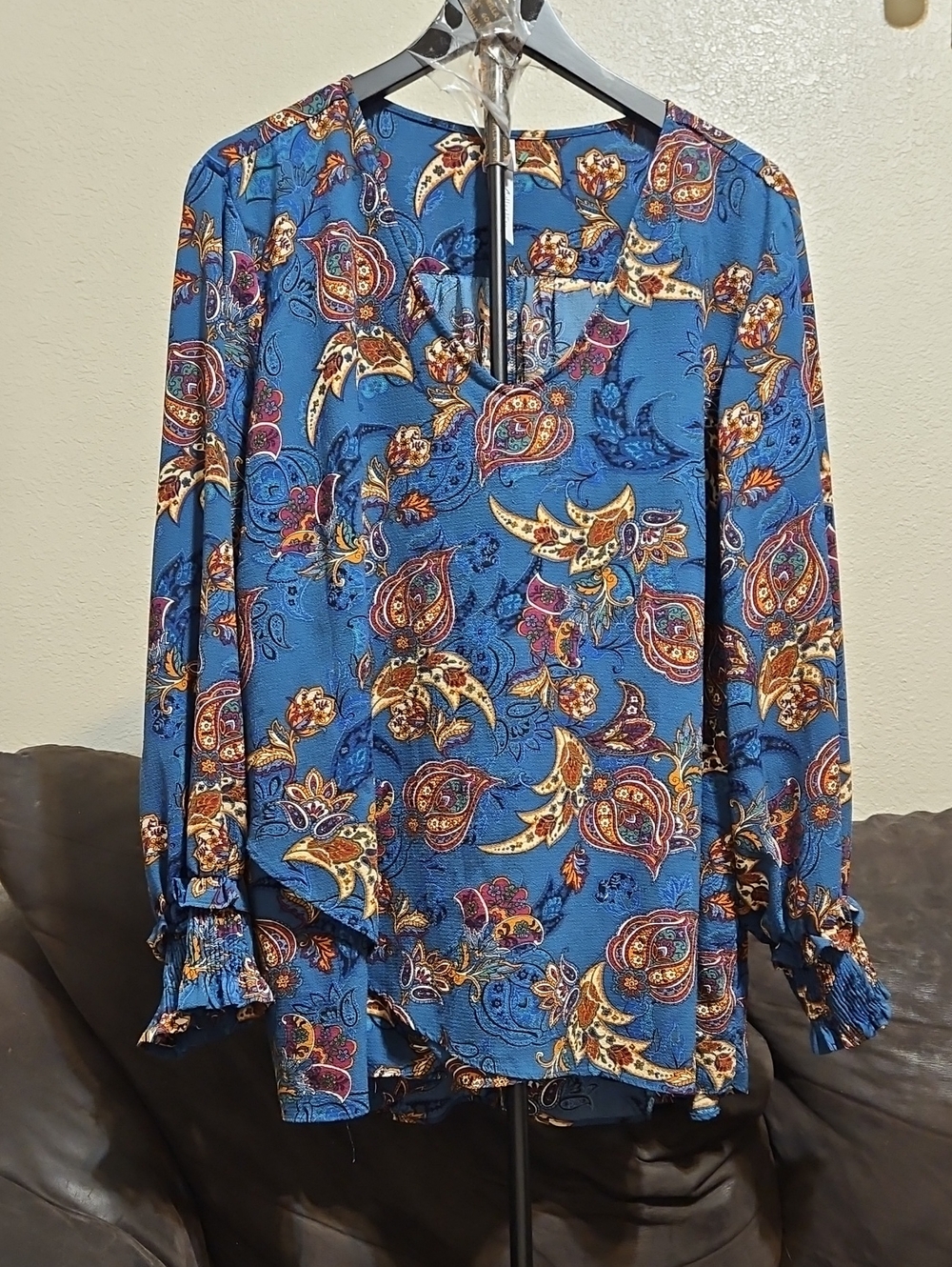 NY Collection Blue Paisley Split-Neck Blouse with Gold & Rust Accents